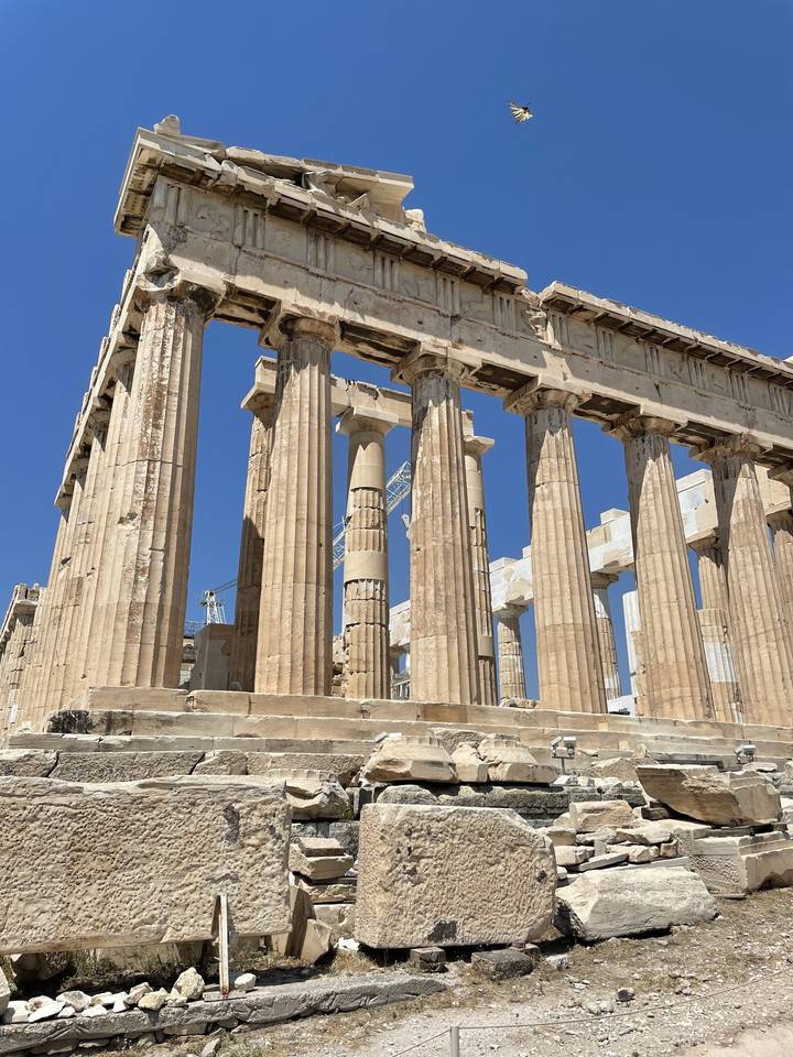 View of ancient ruins of the Parthenon under a clear sky