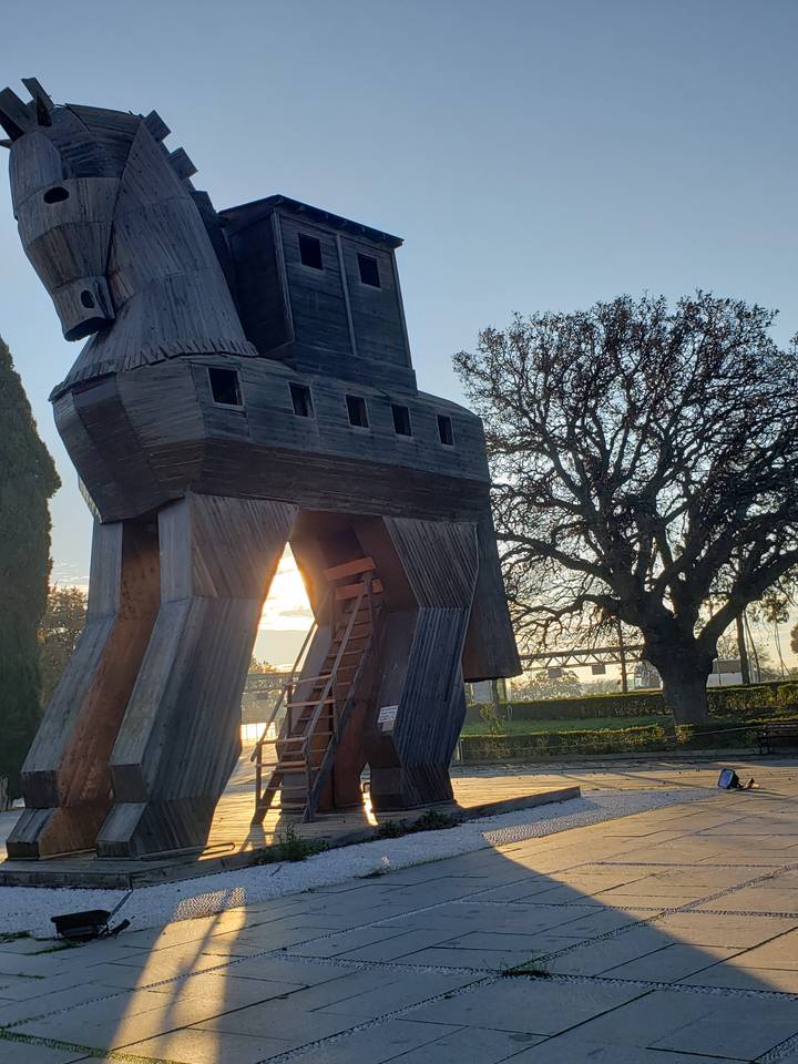 Wooden structure resembling a Trojan horse in a park, sunny setting.