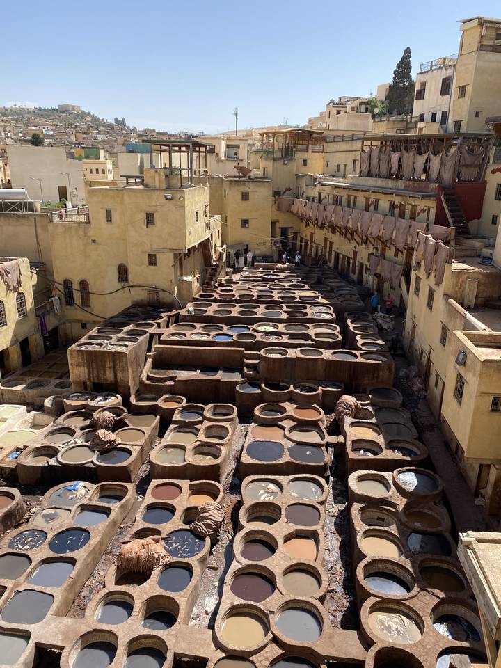 Traditional tannery pits with various colors.