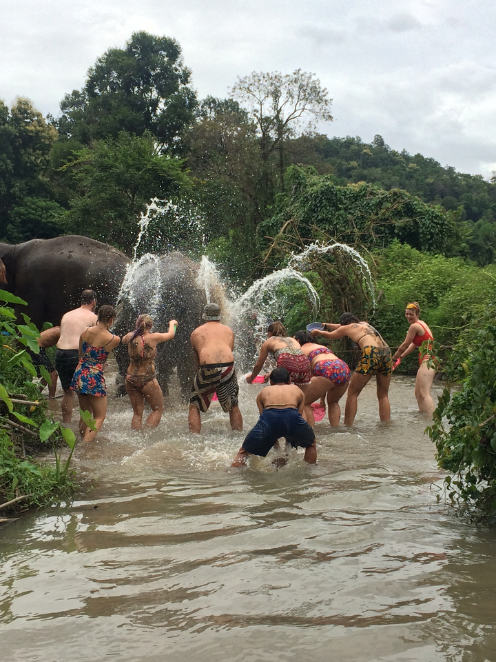 People bathing elephants in a river.