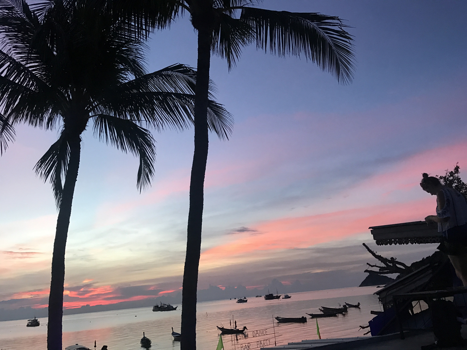 Silhouetted person with palm trees against a colorful sunset.