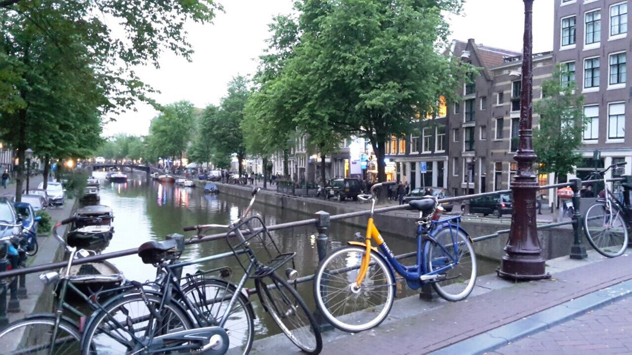 Bicycles parked along a canal in a European city.