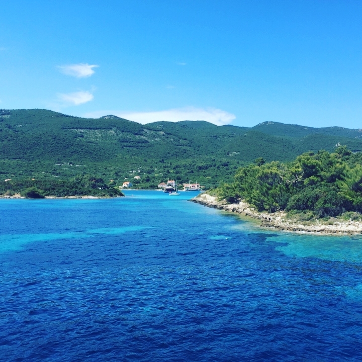 Coastal landscape with lush greenery and blue waters.