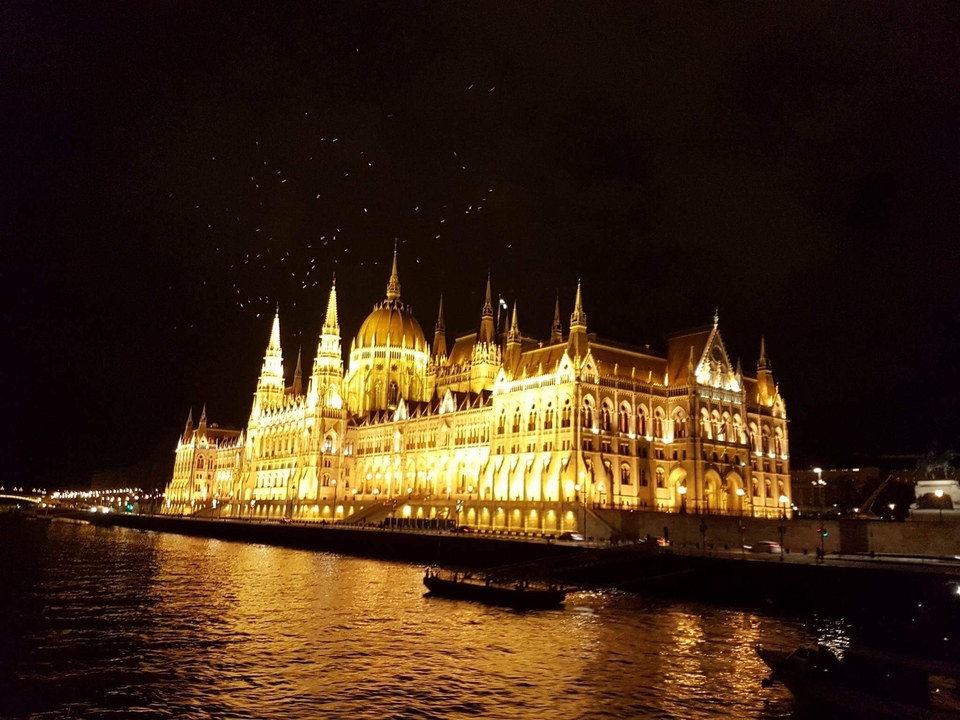 Night view of the illuminated Hungarian Parliament building by a river.