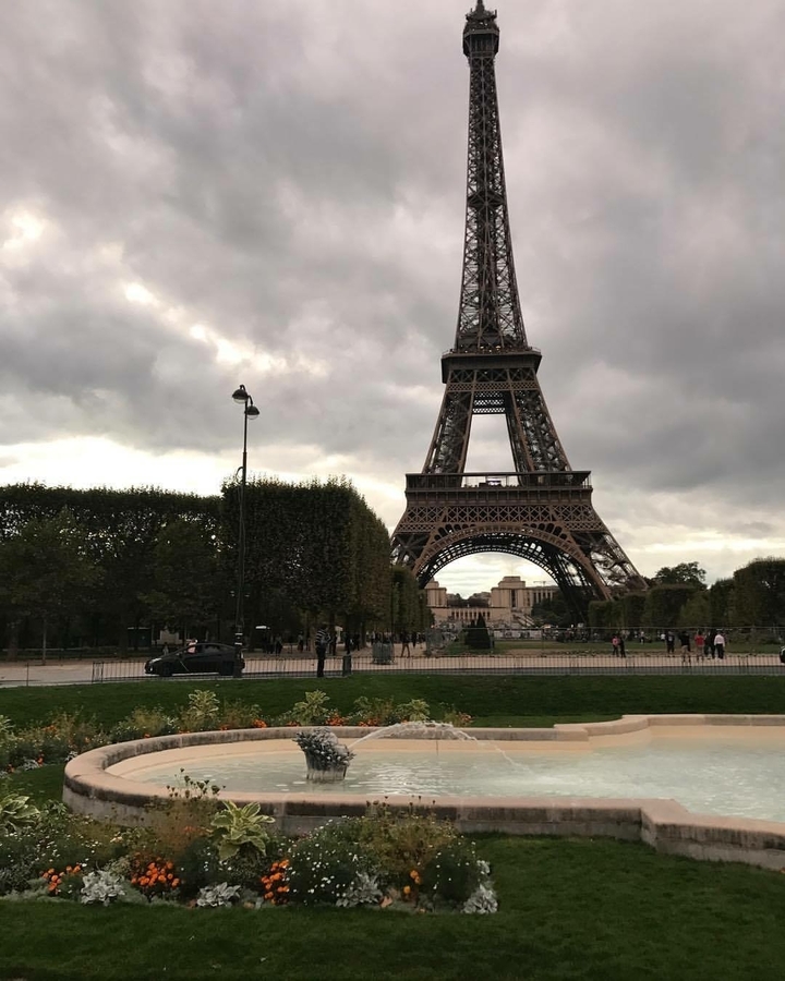 Eiffel Tower on a cloudy day.