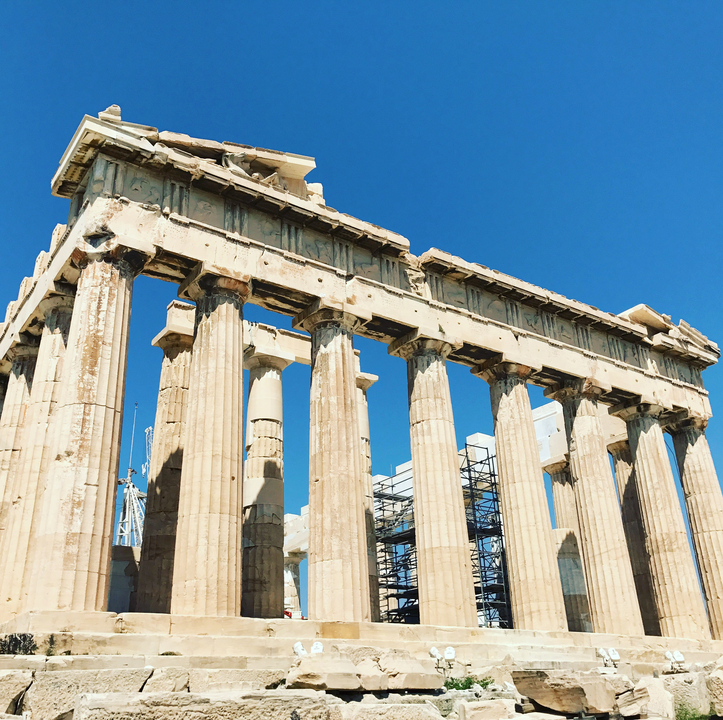 Parthenon in Athens with clear blue sky.