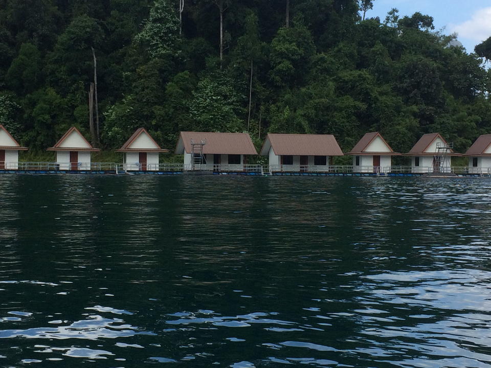 Waterfront view with cabins by a forest river.