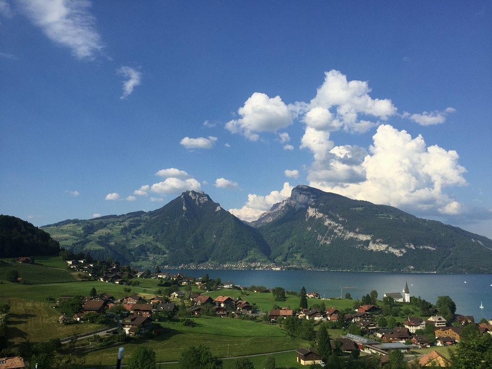 Scenic view of mountains and lake in Lauterbrunnen.