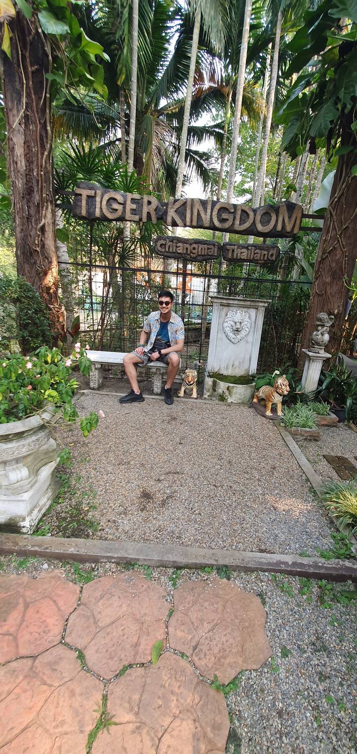 Person sitting near the entrance of Tiger Kingdom.
