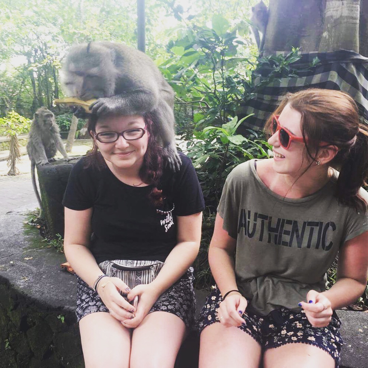 Two people interacting with monkeys in a forest setting.