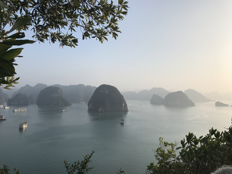Scenic view of Halong Bay with limestone islands.