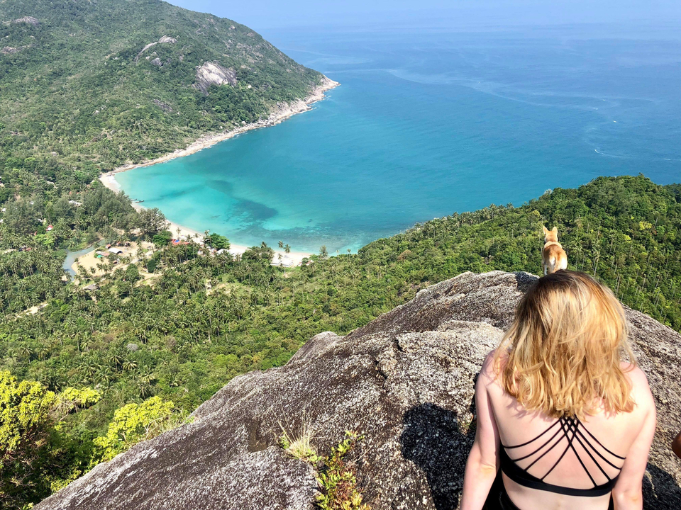 Vue panoramique d'une baie à l'eau turquoise depuis une falaise.