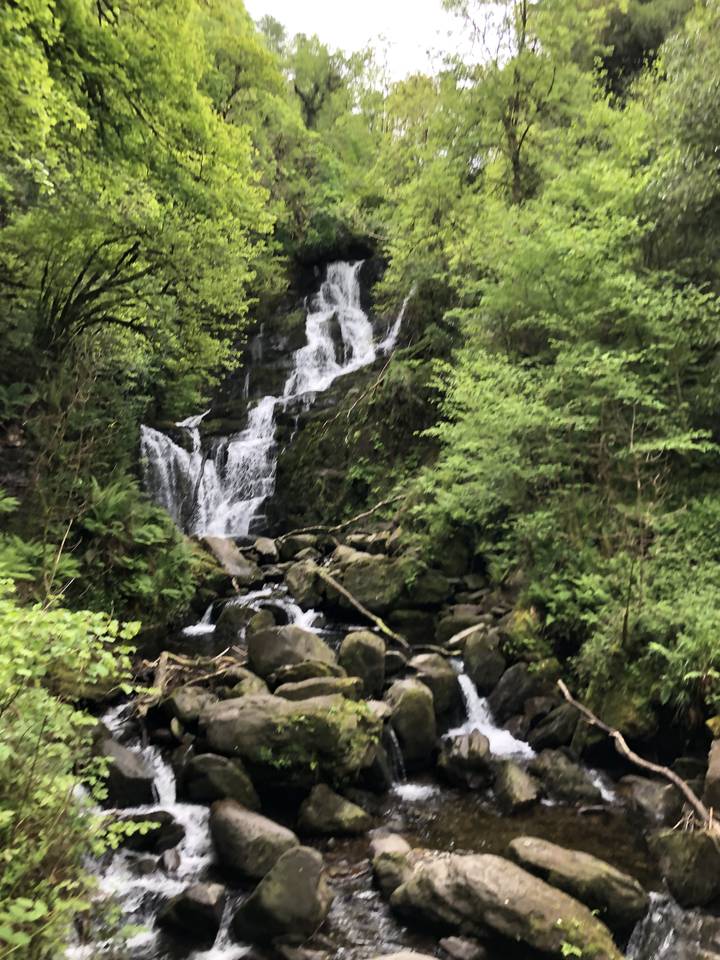 Waterfall flowing over rocks in a forested area.