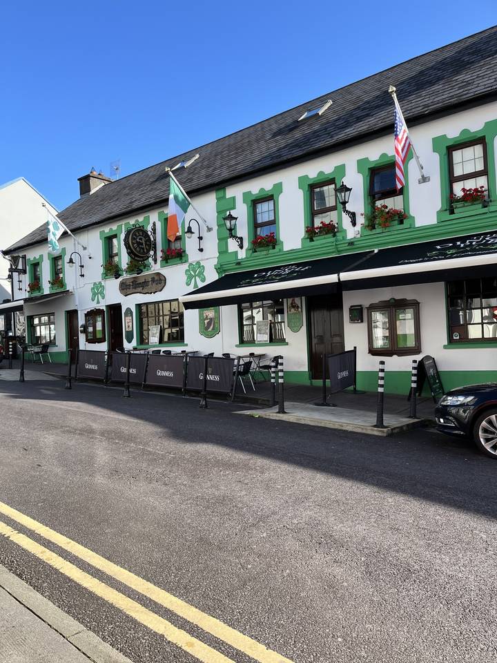 Traditional Irish pub with shamrock decorations