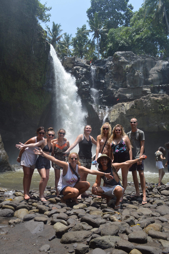 Group of people posing in front of a waterfall.