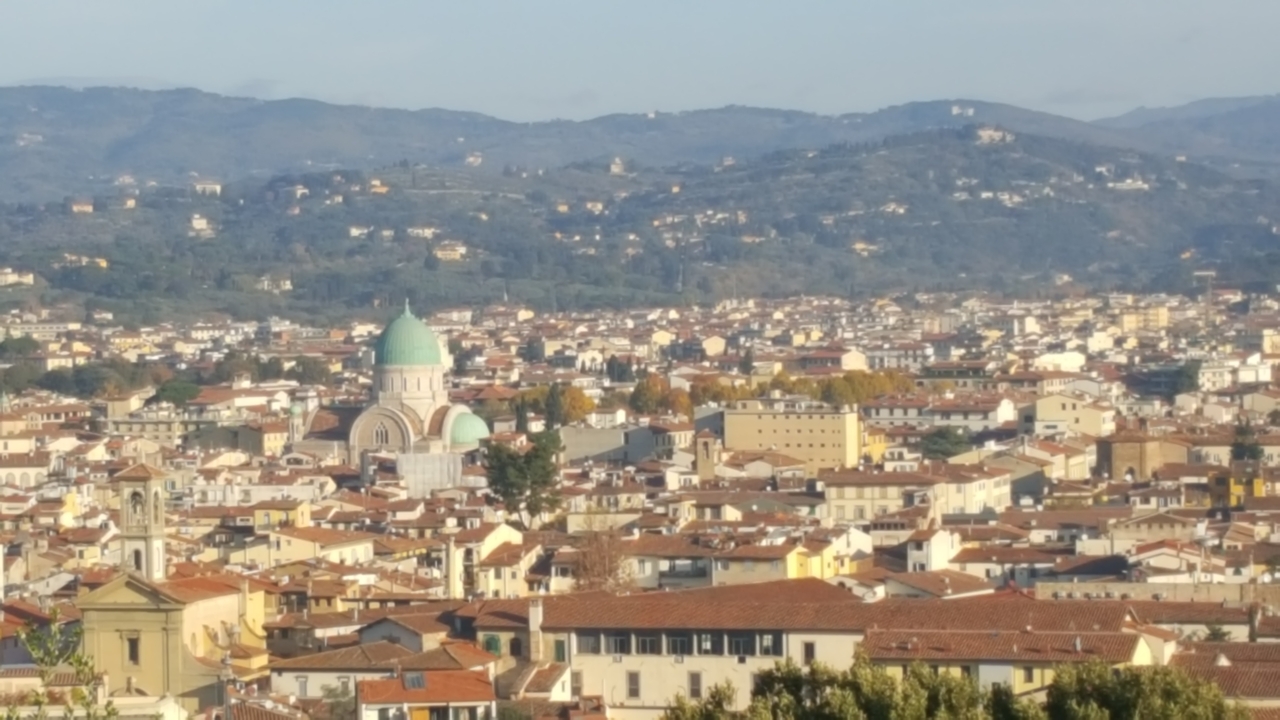 Cityscape with a dome and hills in the background.