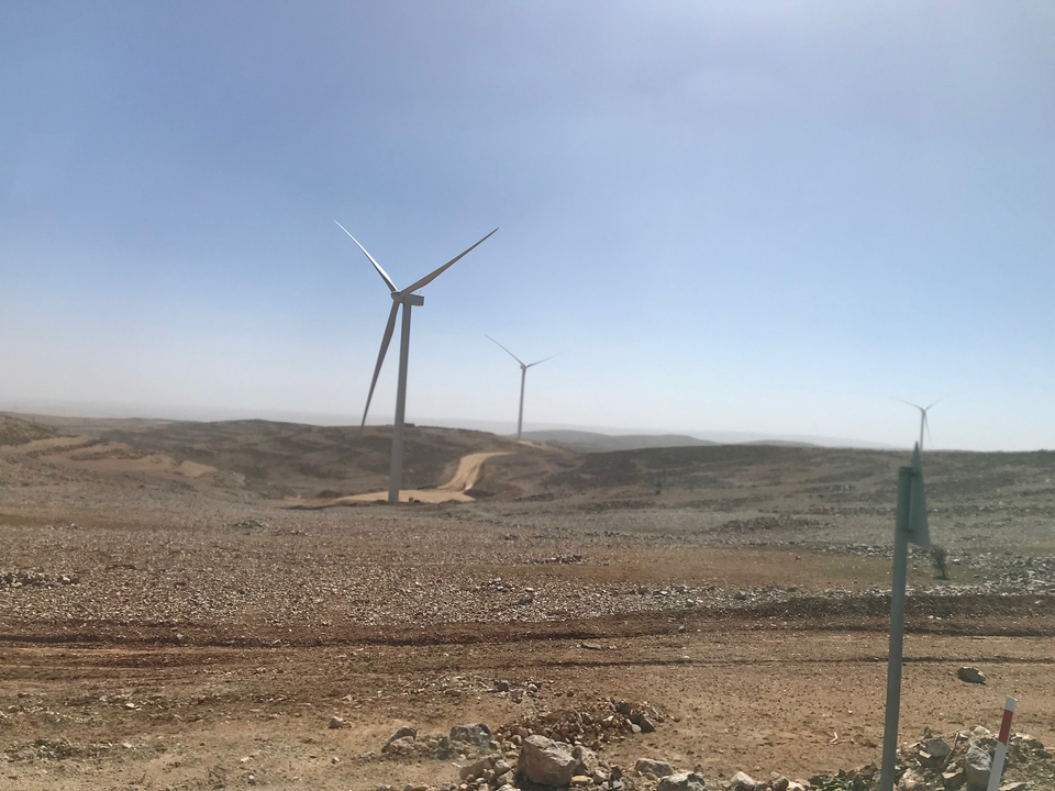Wind turbines in a desert landscape.
