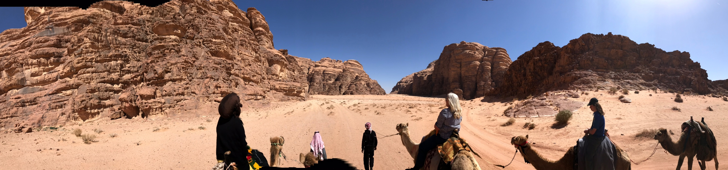 People riding camels through a desert canyon.