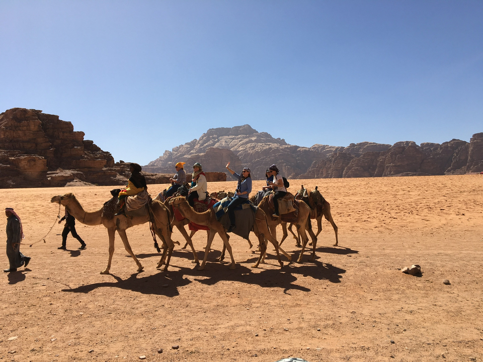 Group of people on camels led by guides in a desert setting.