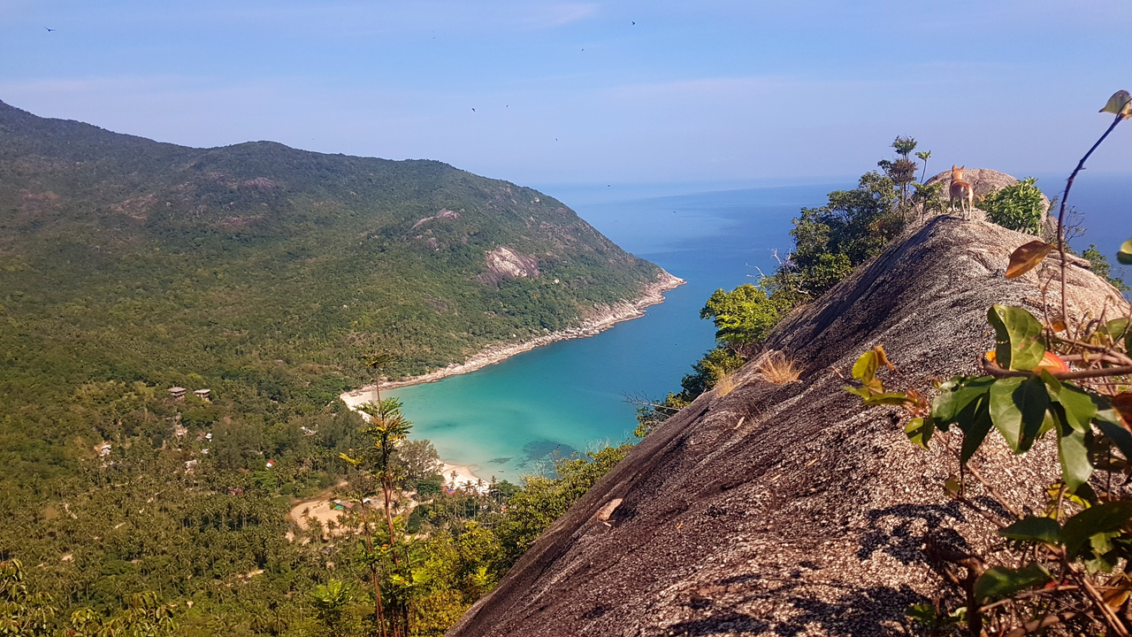 Panoramic view of a bay surrounded by mountains