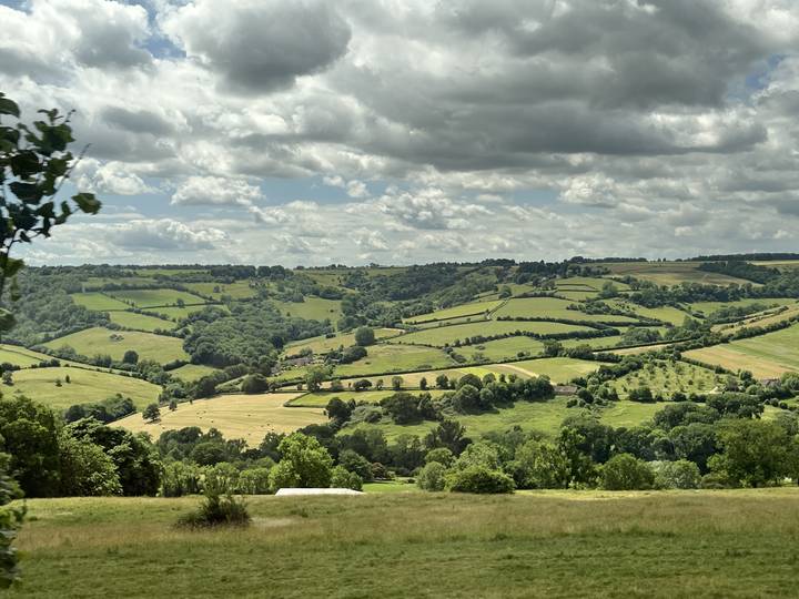 Upside-down view of rolling green hills and fields.