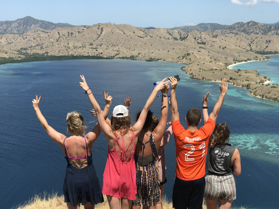 Group of people celebrating at a scenic viewpoint with arms raised.