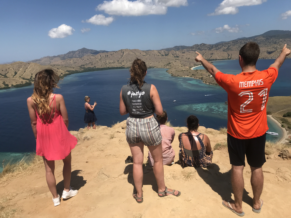 Group looking at scenic mountains and ocean from a hilltop.