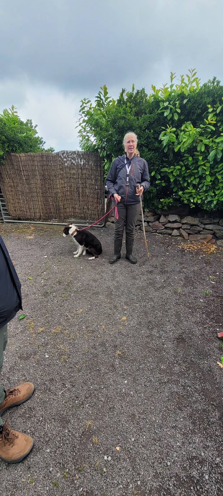 Person walking a dog on a rural path.