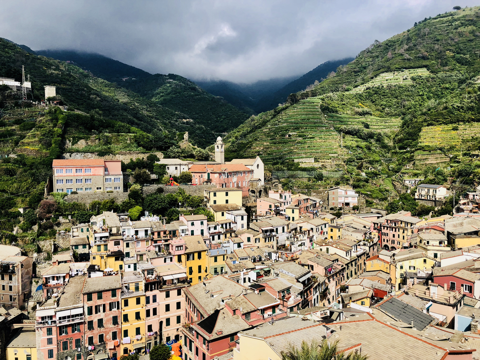 Panoramic view of a coastal town with terraced hills and lush greenery.