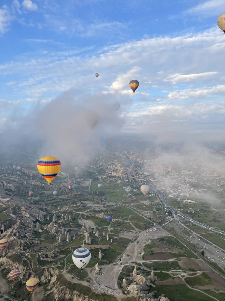 Aerial view of hot air balloons in Cappadocia.