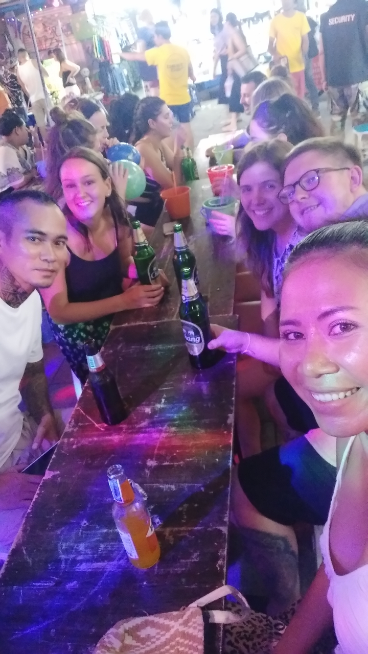 People at a table with drinks, in a casual social setting.