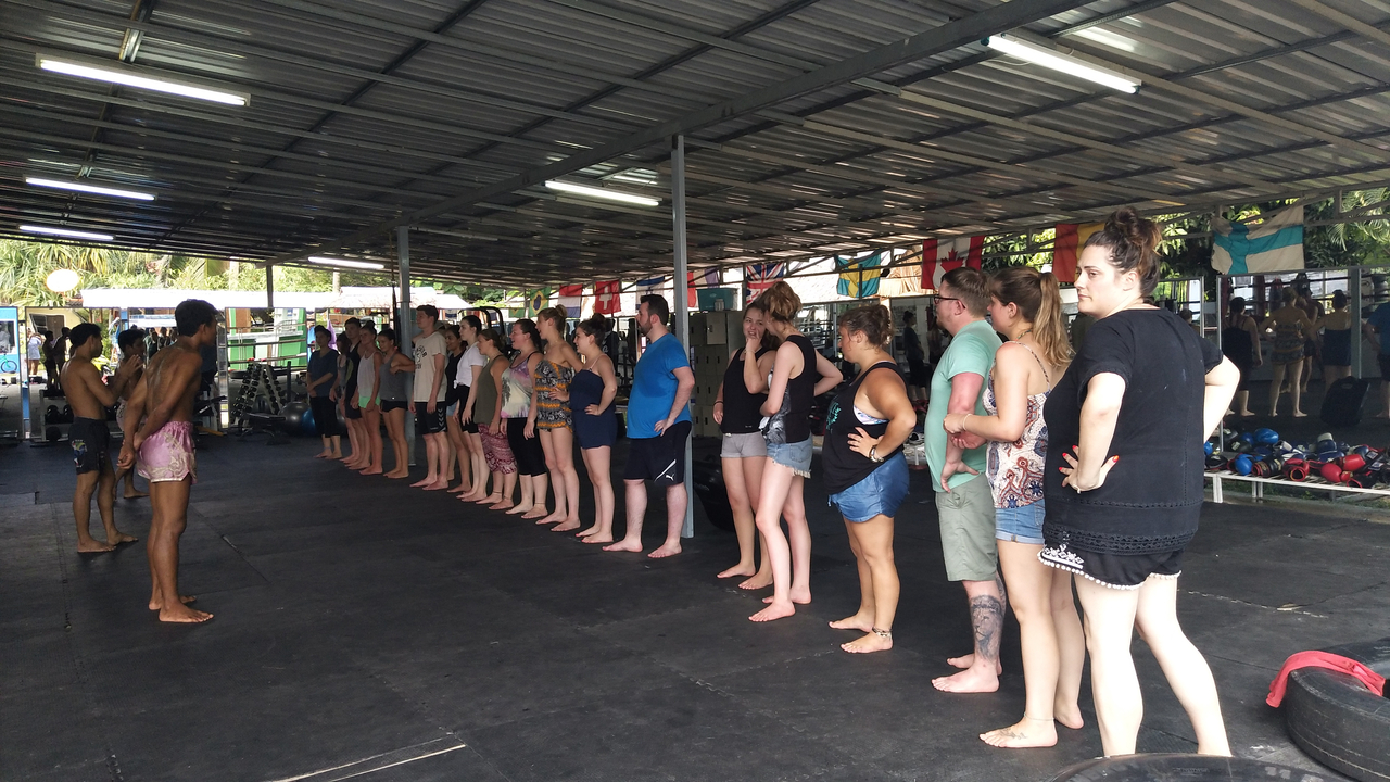Participants lined up in a martial arts class.