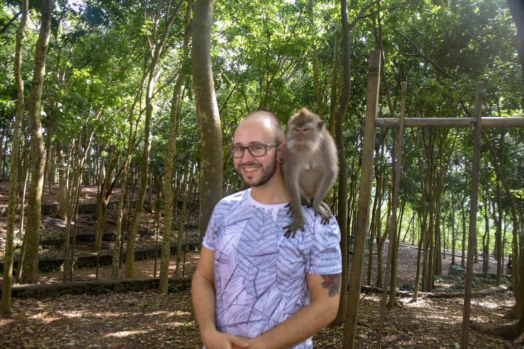 Person with a monkey on their shoulders in a forest setting.