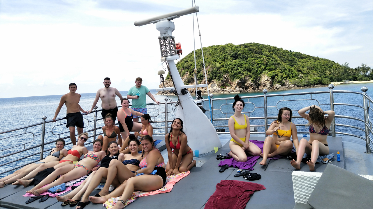Group of people on a boat enjoying a sunny day.