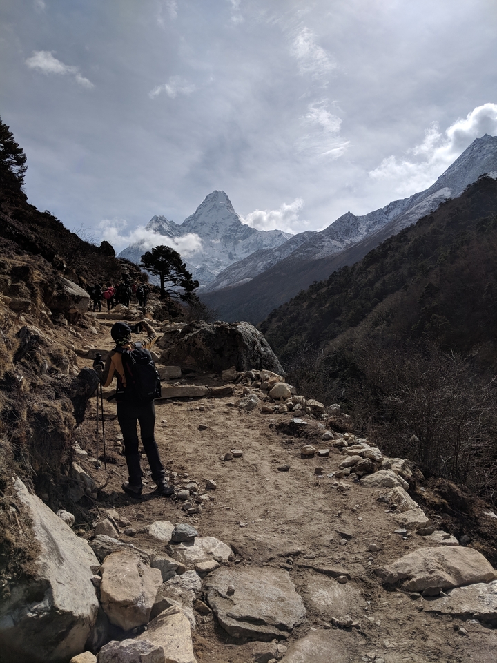 Trekker walking towards snow-covered peaks.