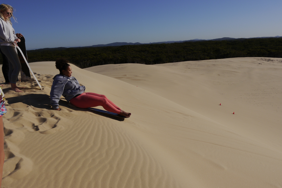 Person sliding down a sand dune.