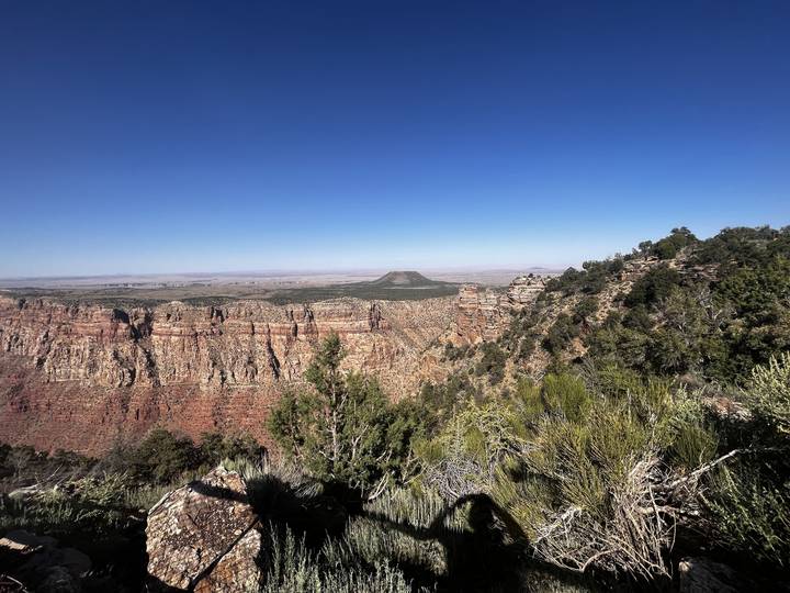 Landscape view of a canyon with greenery and clear sky.