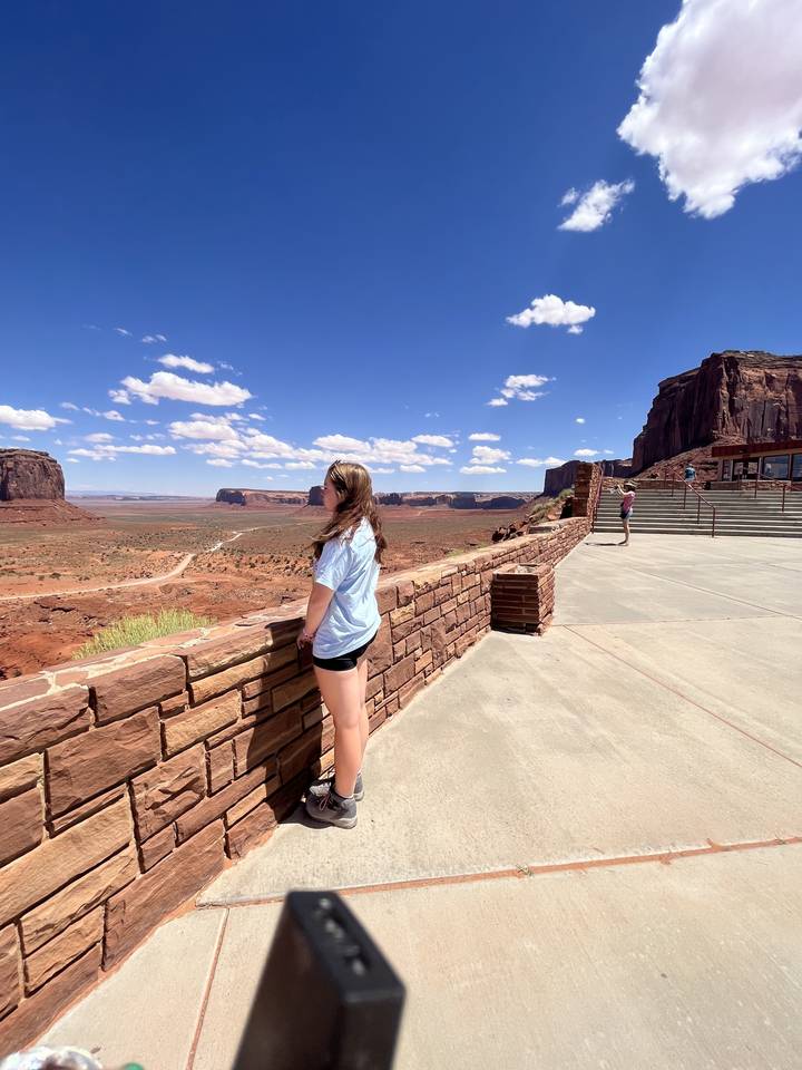 Person leaning on a stone railing with a scenic desert backdrop.