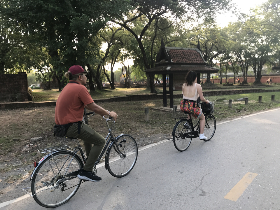 Two people biking on a tree-lined path with traditional architecture in the background.