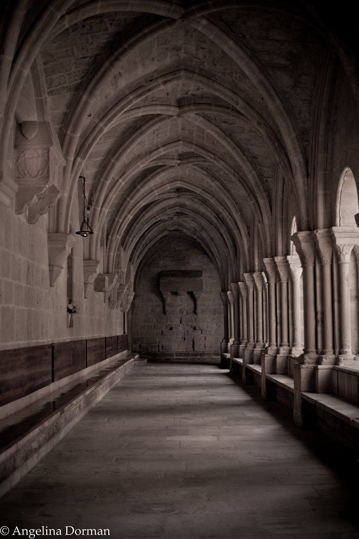 Cloister with arched columns in a historic building.