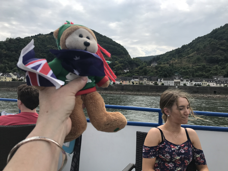 Personne tenant un ours en peluche avec une rivière et une ville en arrière-plan.