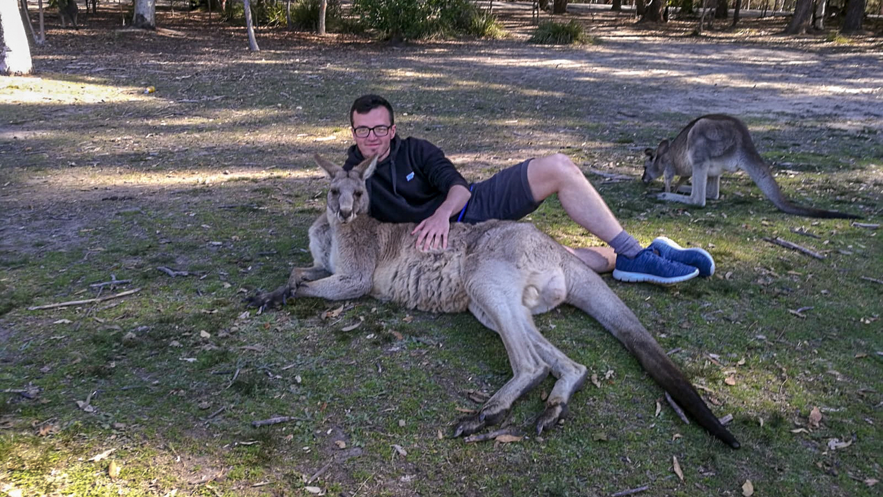 Person lying down with a kangaroo on grass.
