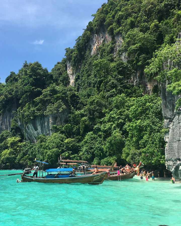 Dense tropical jungle and limestone cliffs under a blue sky.