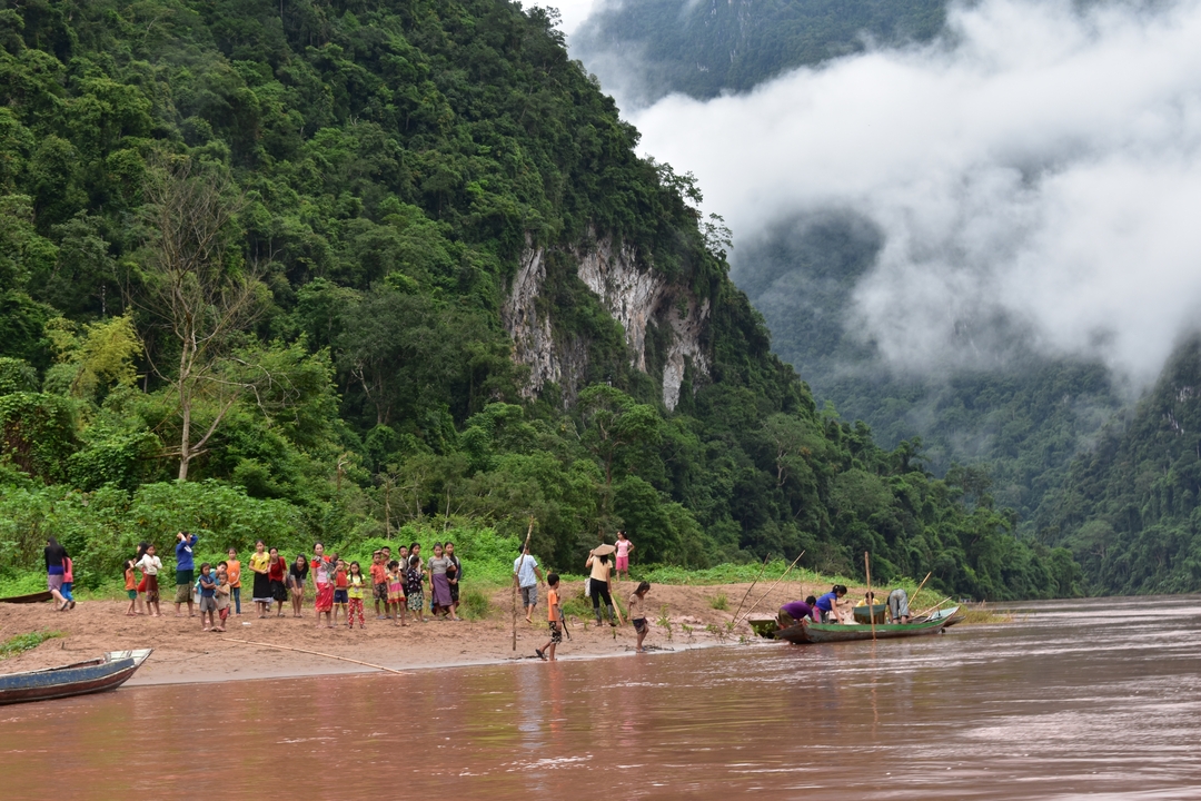 Group of people on a riverbank with lush jungle surroundings.