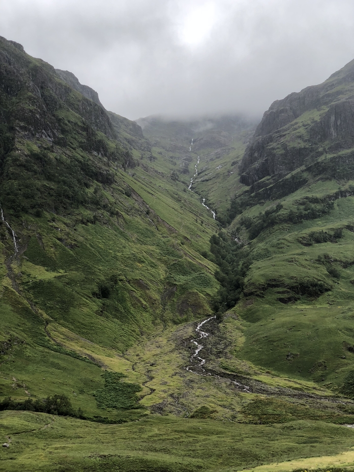 Verdant valley with a small stream running through