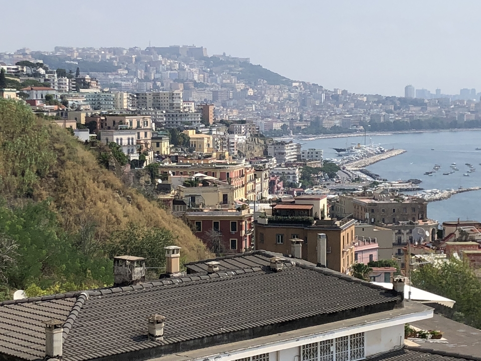 A coastal cityscape view with many buildings and the sea.