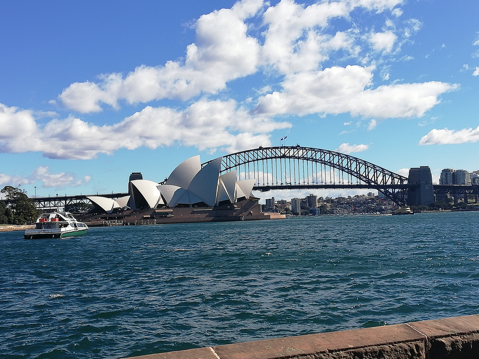 Iconic view of the Sydney Opera House and Harbour Bridge.