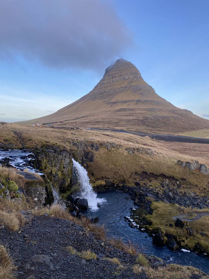 Mountain landscape with waterfall in Iceland.