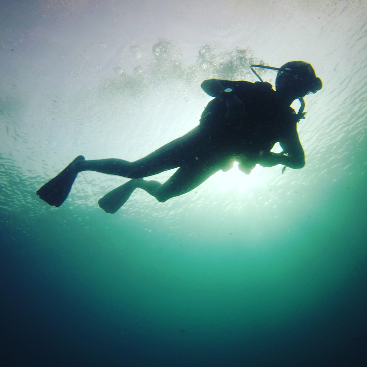 Person scuba diving underwater with sunlight filtering through water.