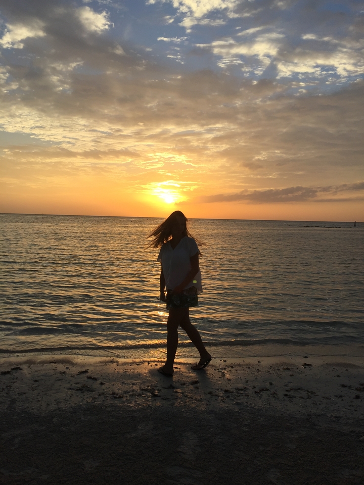 Silhouette of a person standing by the sea during sunset.